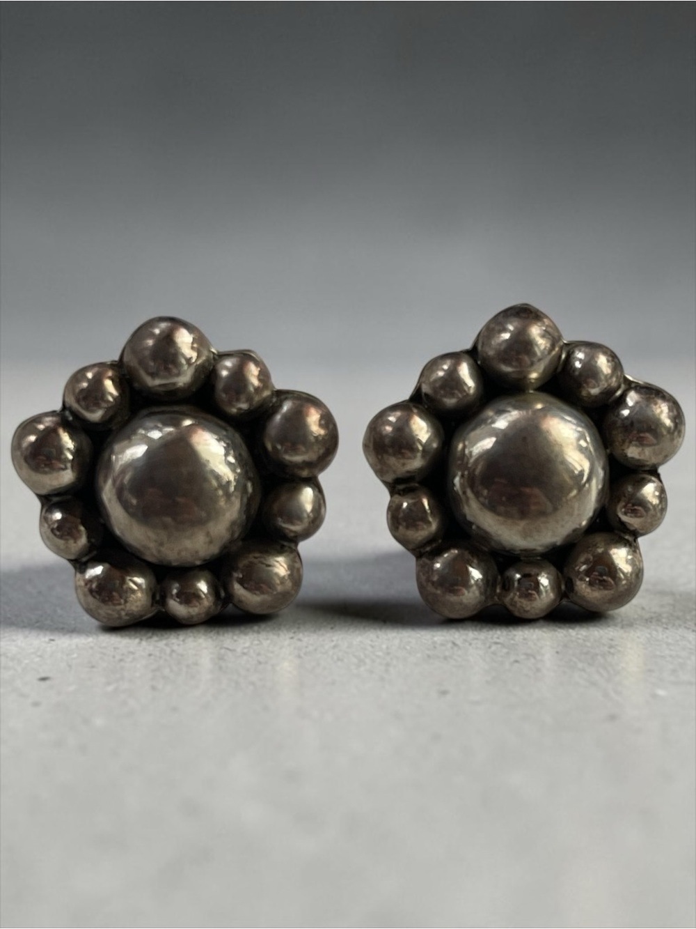 Vintage Mexican Sterling Domed Flower Stud Earrings